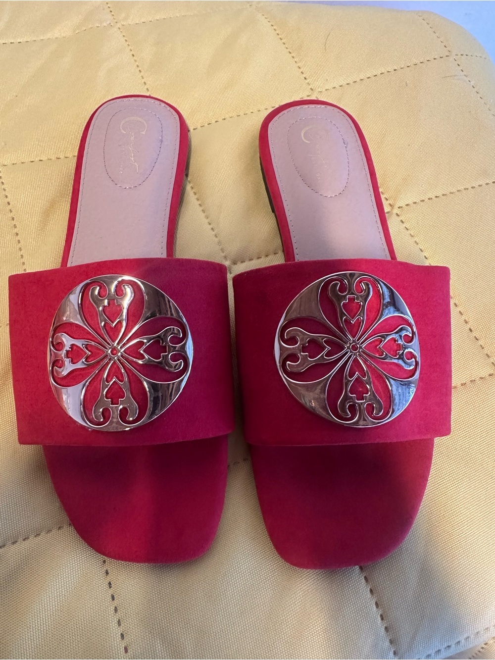Women’s Red Suede Slide Mules with Decorative Medallion